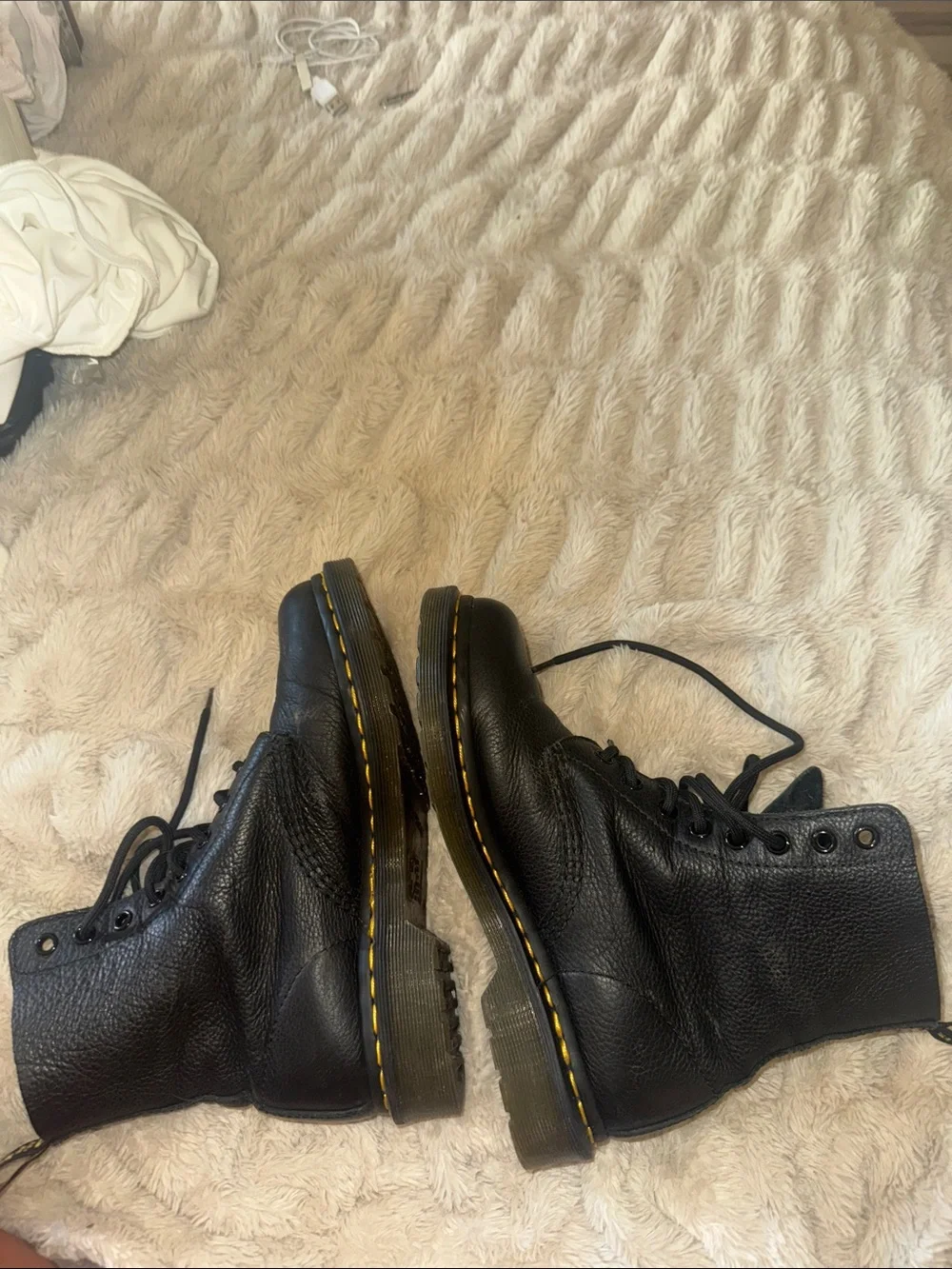 Dr. Martens Black 8-Eye Lace-Up Leather Boots with Yellow Stitching